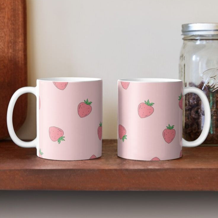 Cute Strawberry Pink-exterior Cup Set – 2 White Ceramic Mugs