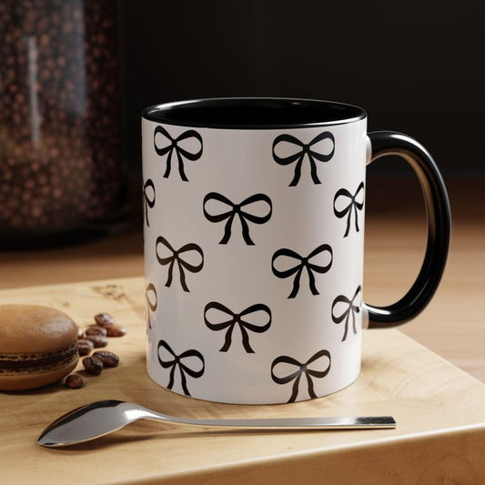 Black and White Ceramic Mug with Black Bow Print – Aesthetic Coffee & Tea Cup