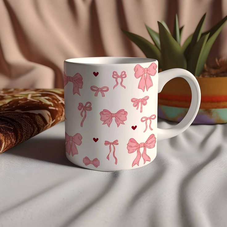 Cute Pink Hairbow Print Ceramic Mug – Aesthetic Coffee & Tea Cup