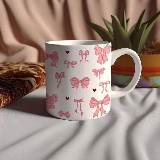 Cute Pink Hairbow Print Ceramic Mug – Aesthetic Coffee & Tea Cup