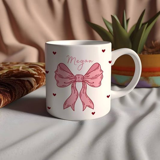 Aesthetic White Mug with Pink Hairbow and Hearts – Cozy Ceramic Cup