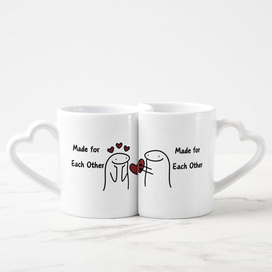 Couple Mug Set – White Ceramic Cups with ‘Made for Each Other’