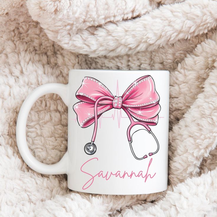 Cute Pink Hairbow & Stethoscope Mug – Female Doctor Ceramic Cup