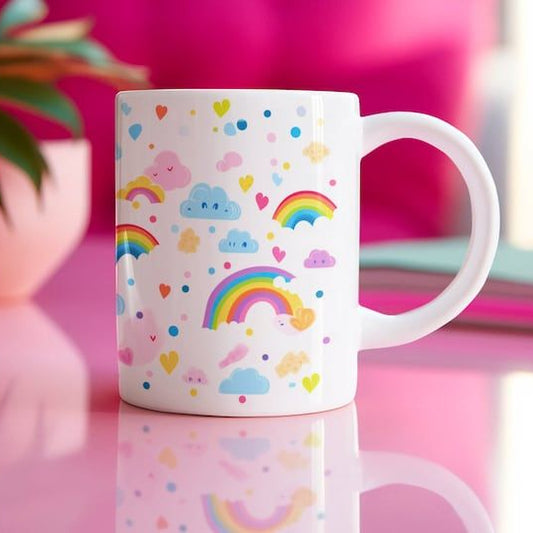 Pastel Rainbow & Cloud Mug – Painted Ceramic Coffee Cup