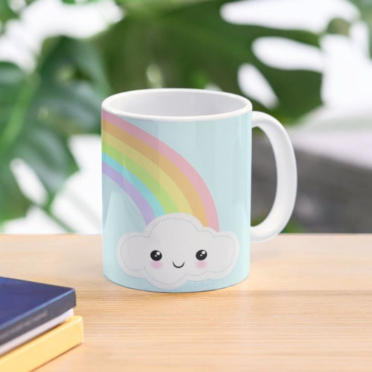 Pastel Rainbow & Cloud Ceramic Cup – White Handle & Interior