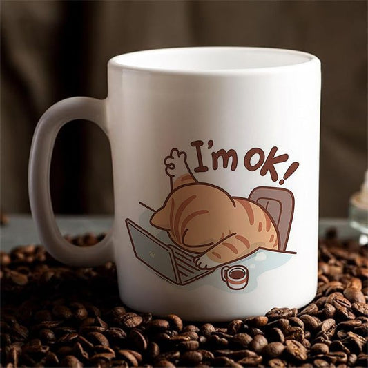 Cute Cat Mood Mug – “I’m OK” White Ceramic Cup